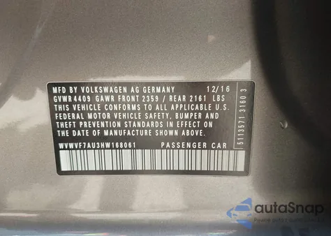 2017 Volkswagen Golf R 4-Door W/Dcc Navigation из США, поврежденный, VIN WVWVF7AU3HW168061